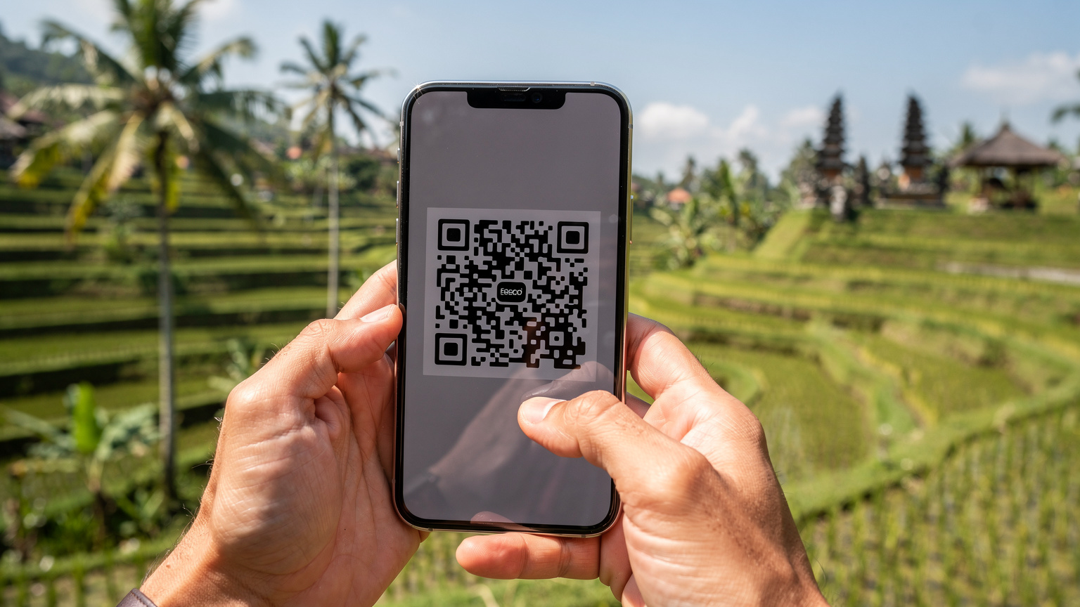 Tangan seorang wisatawan memegang ponsel, menginstal eSIM dengan memindai kode QR, dengan latar belakang sawah terasering Tegalalang yang hijau memukau.